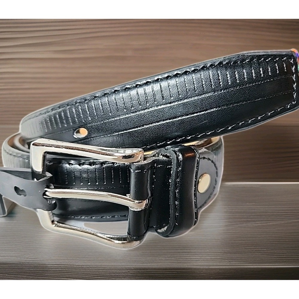 NWT‎ Men's 2XL 46-48 Black Genuine Leather Dress Belt Ridged Silver Buckle New